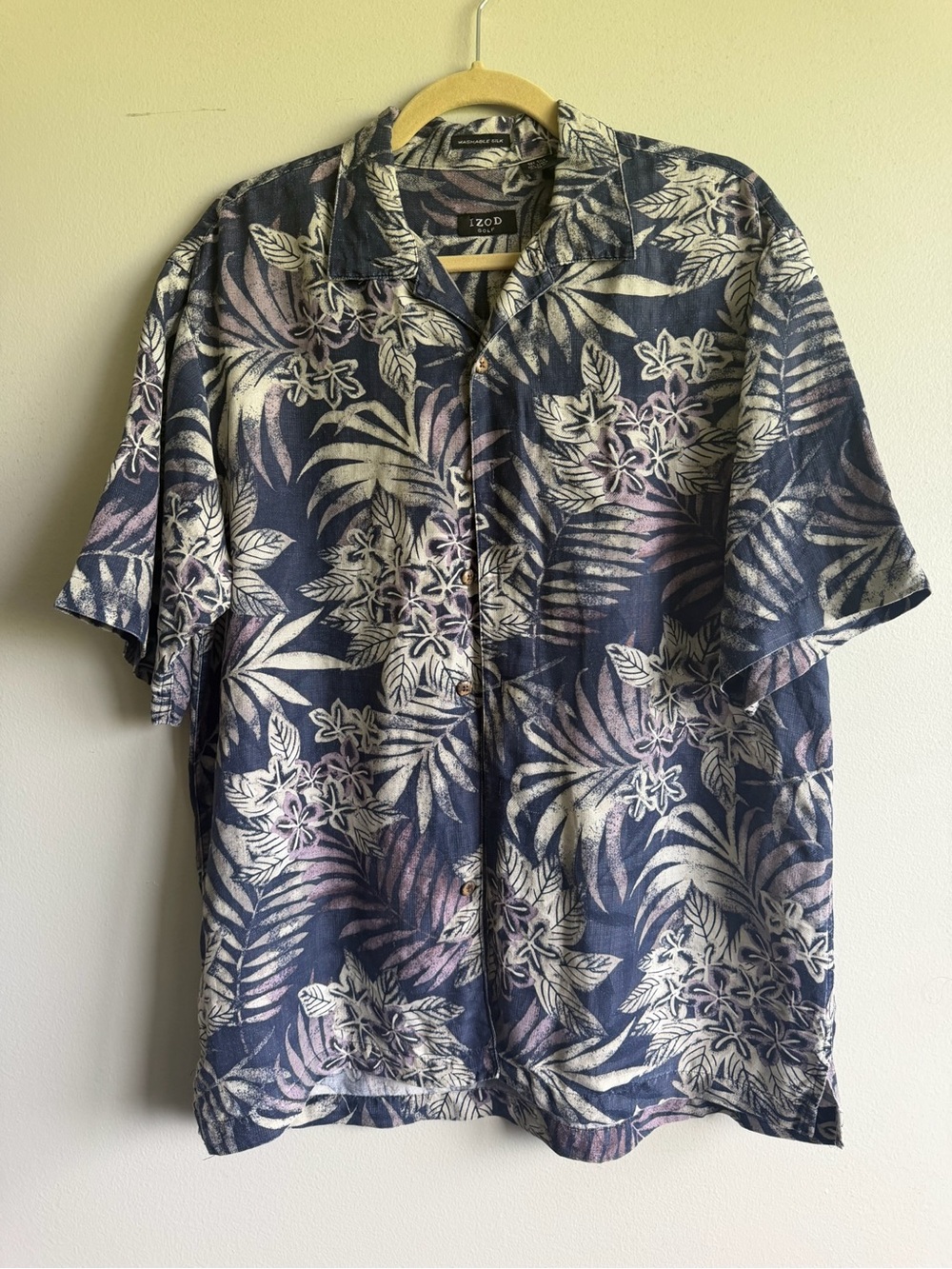 Izod Aloha shirt , Blue and Cream Tropical Print Short Sleeve Shirt